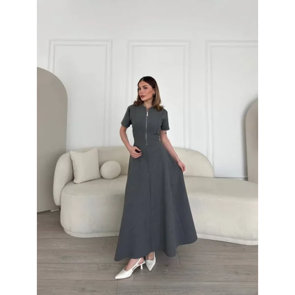 Kısa Kollu Önden Fermuarlı Çan Etekli Uzun Elbise - Antrasit