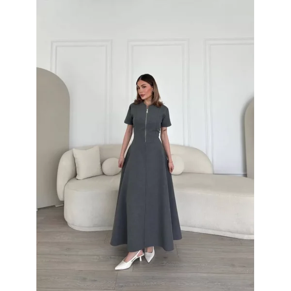 Kısa Kollu Önden Fermuarlı Çan Etekli Uzun Elbise - Antrasit