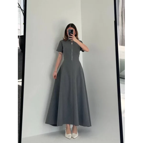 Kısa Kollu Önden Fermuarlı Çan Etekli Uzun Elbise - Antrasit