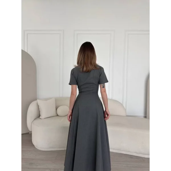 Kısa Kollu Önden Fermuarlı Çan Etekli Uzun Elbise - Antrasit