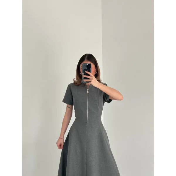 Kısa Kollu Önden Fermuarlı Çan Etekli Uzun Elbise - Antrasit