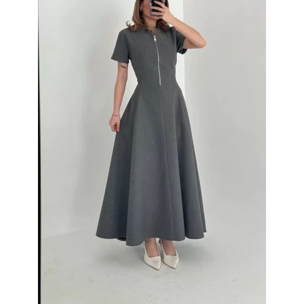 Kısa Kollu Önden Fermuarlı Çan Etekli Uzun Elbise - Antrasit