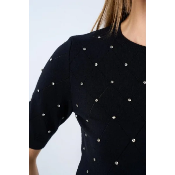 Kısa Kollu Taşlı Kazak - Siyah