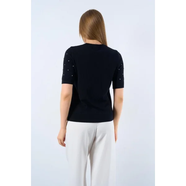 Kısa Kollu Taşlı Kazak - Siyah