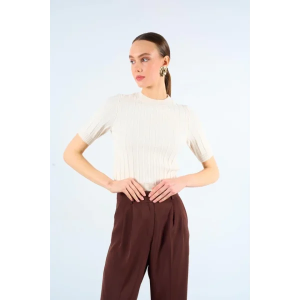 Kısa Kollu Tek Fitilli Kazak  Krem