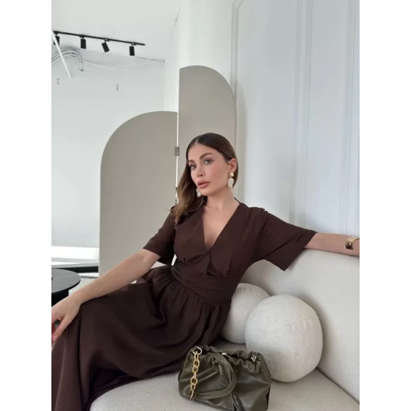 Kısa Kollu Uzun Elbise - Kahve