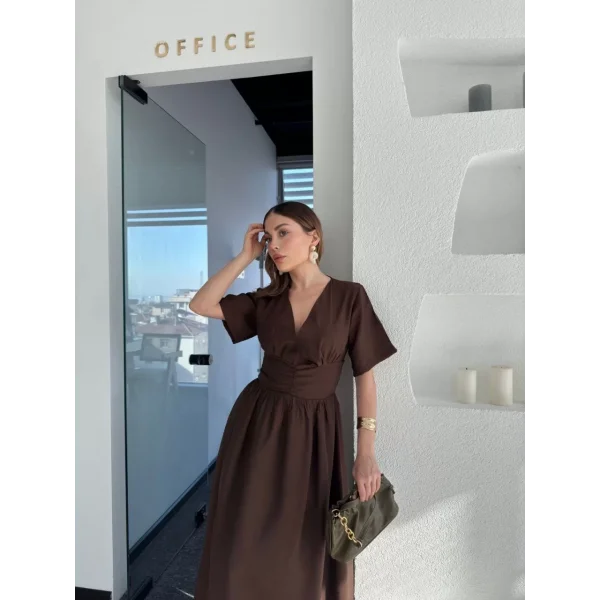 Kısa Kollu Uzun Elbise - Kahve