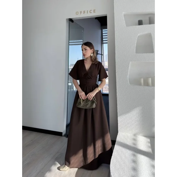 Kısa Kollu Uzun Elbise - Kahve