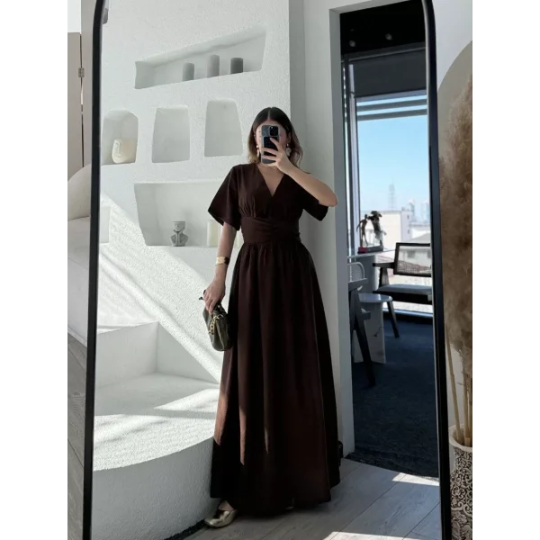 Kısa Kollu Uzun Elbise - Kahve