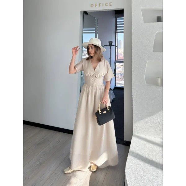 Kısa Kollu Uzun Elbise  Kırık Beyaz