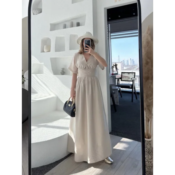 Kısa Kollu Uzun Elbise  Kırık Beyaz