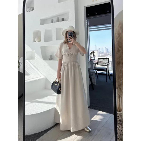 Kısa Kollu Uzun Elbise - Kırık Beyaz