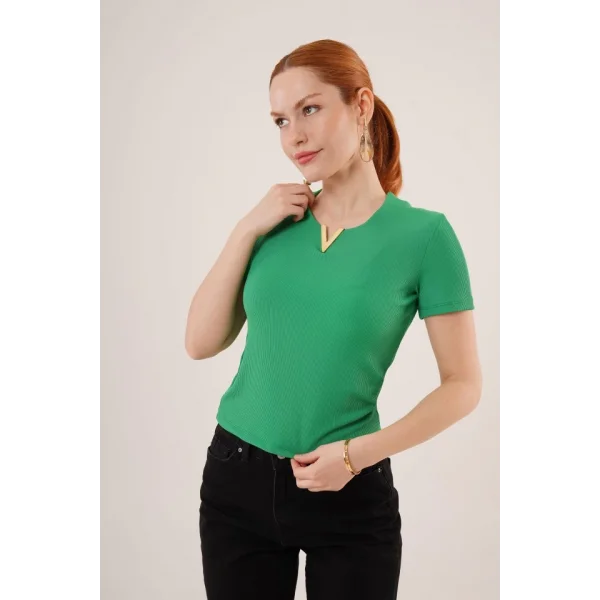 Kısa Kollu Yaka Detaylı Kaşkorse Yeşil Bluz