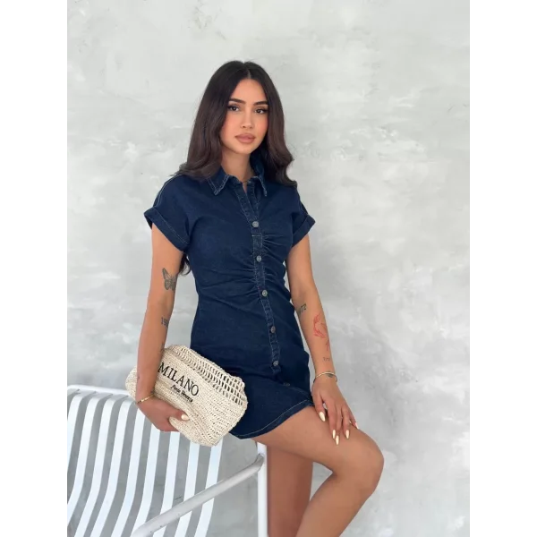 Kısa Kolu Mini Kot Kumaşından Likralı Elbise - Lacivert