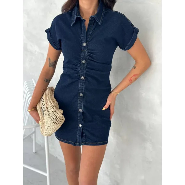 Kısa Kolu Mini Kot Kumaşından Likralı Elbise - Lacivert