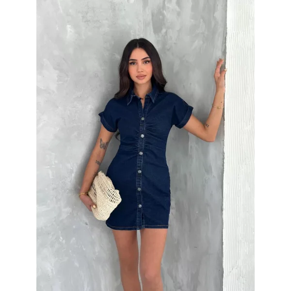 Kısa Kolu Mini Kot Kumaşından Likralı Elbise - Lacivert