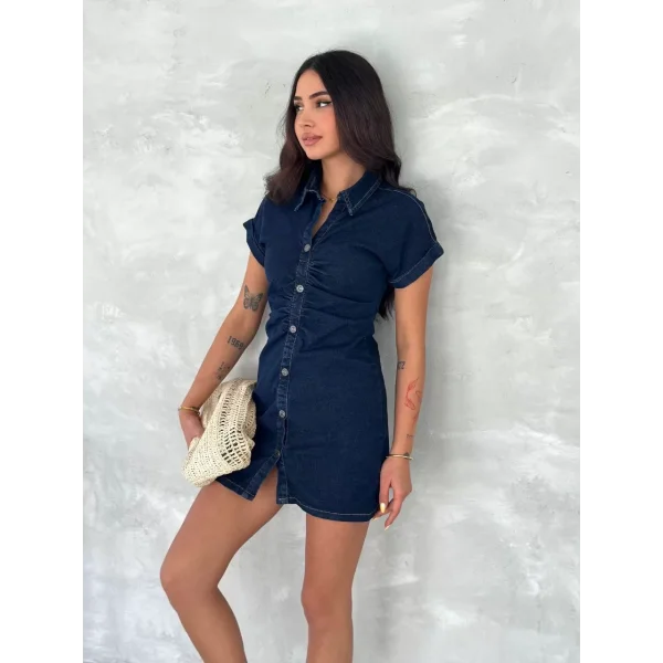 Kısa Kolu Mini Kot Kumaşından Likralı Elbise - Lacivert