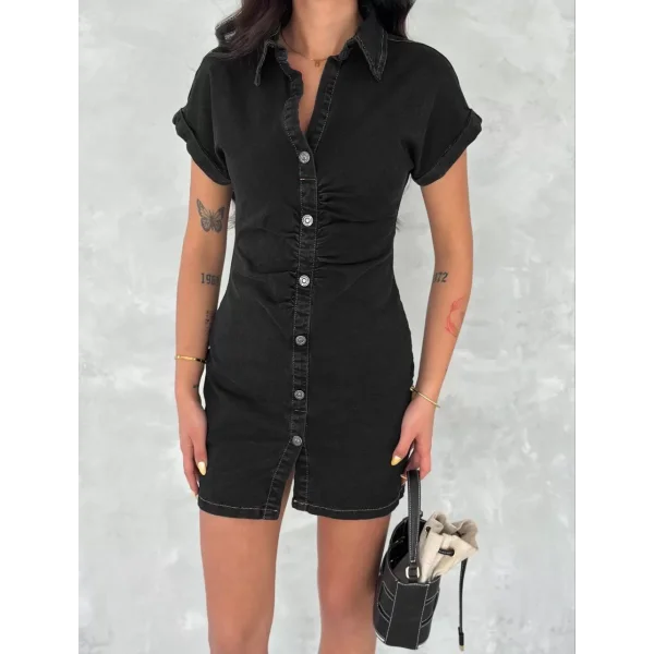 Kısa Kolu Mini Kot Kumaşından Likralı Elbise - Siyah