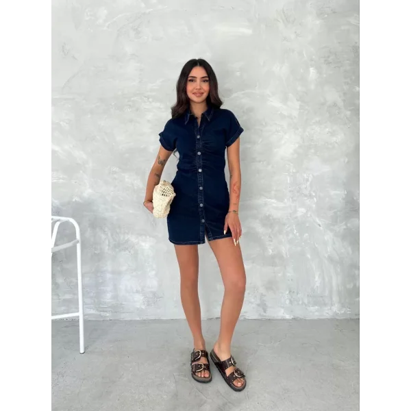 Kısa Kolu Mini Kot Kumaşından Likralı Elbise - Siyah