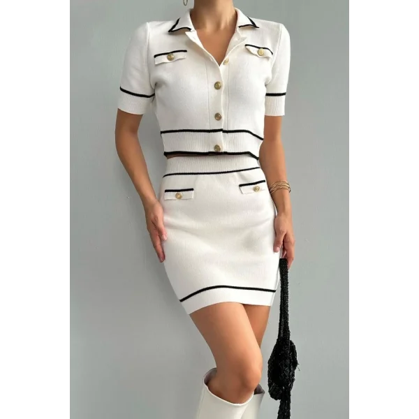 Kısa Triko Etekli Takım  KremSiyah