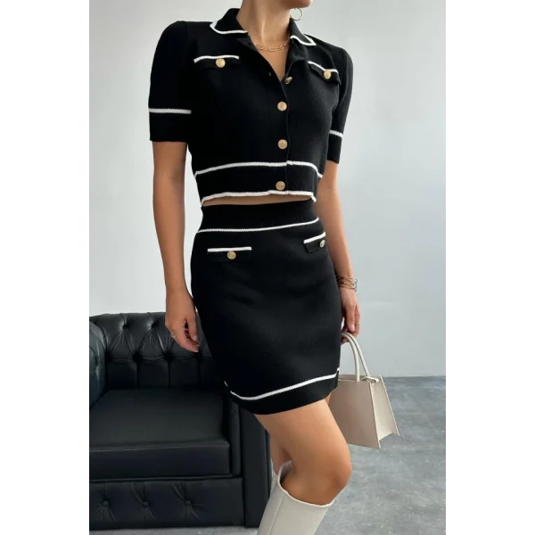 Kısa Triko Etekli Takım  SiyahKrem