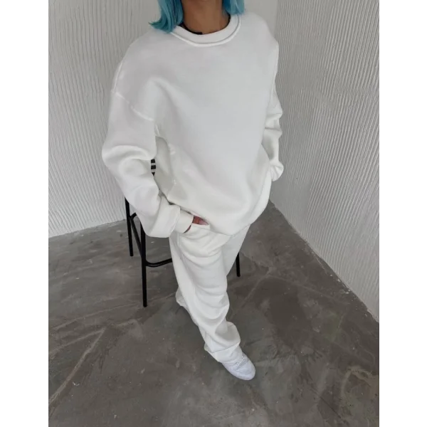 Kışlık Bisiklet Yaka Basic Eşofman Takım  Beyaz