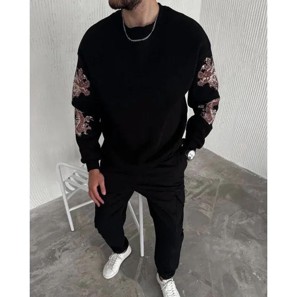 Kışlık Bisiklet Yaka Baskılı SweatShirt - Siyah