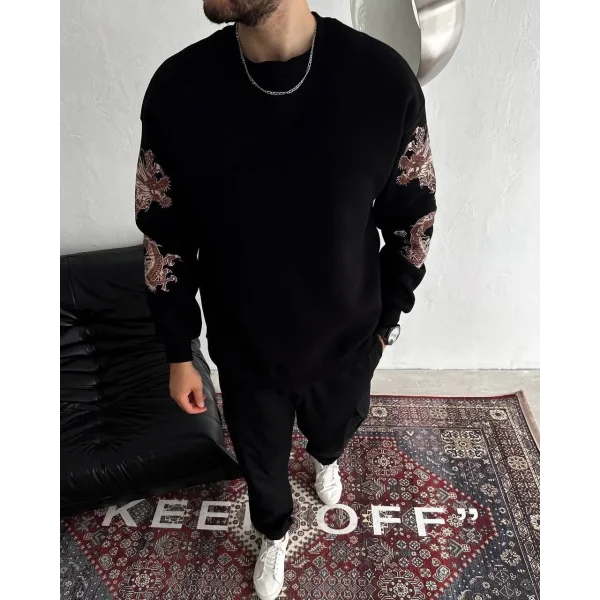 Kışlık Bisiklet Yaka Baskılı SweatShirt - Siyah