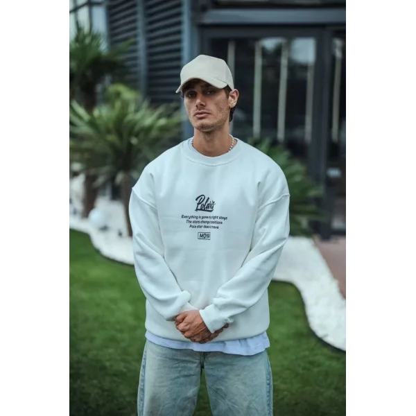 Kışlık Bisiklet Yaka Ön Ve Arka Baskılı SweatShirt - Beyaz