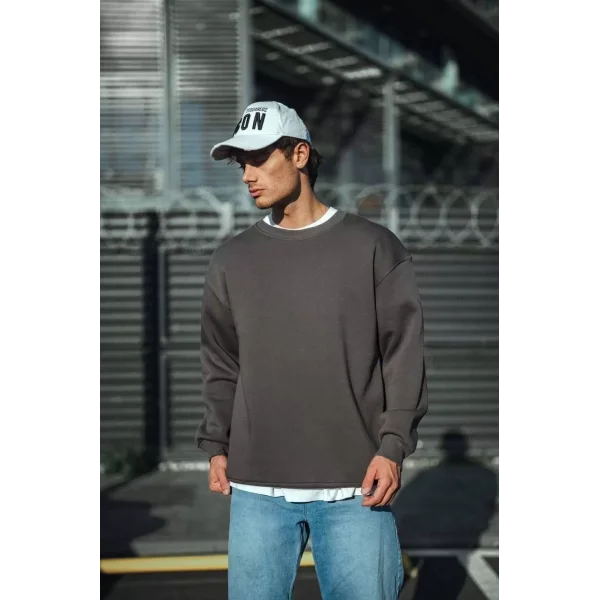 Kışlık Bisiklet Yaka Üç İplik Basic SweatShirt - Antrasit