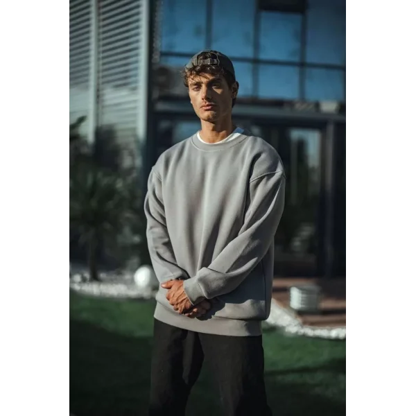 Kışlık Bisiklet Yaka Üç İplik Basic SweatShirt - Boyalı Gri