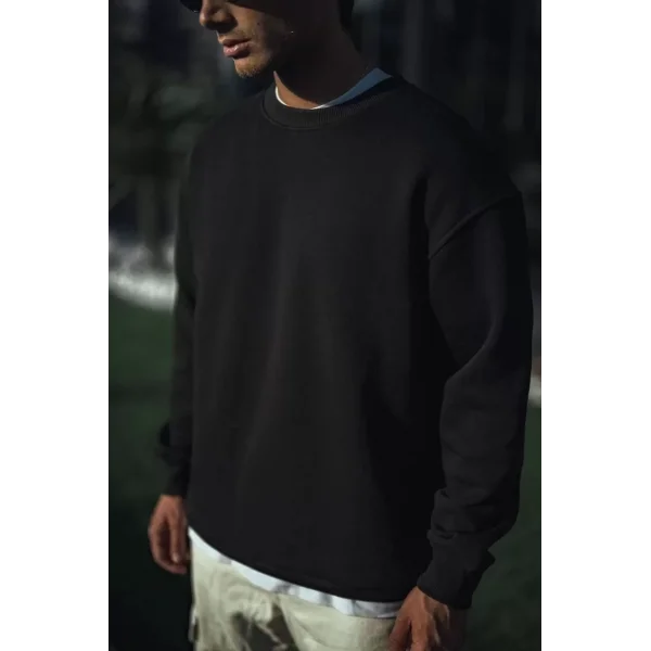 Kışlık Bisiklet Yaka Üç İplik Basic SweatShirt - Siyah