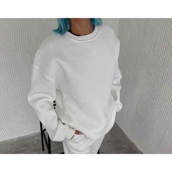 Kışlık Bisiklet Yaka Üç İplik Basic weathirt  Beyaz