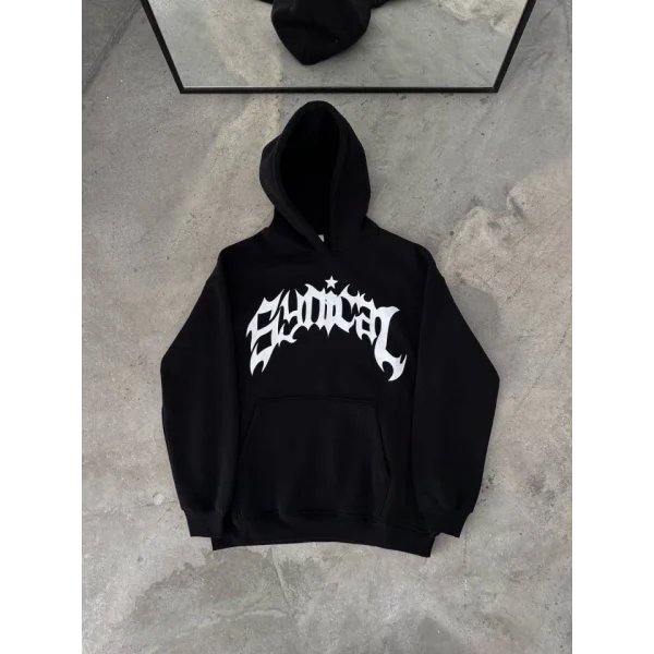 Kışlık Kapşonlu Baskılı Oversize SweatShirt- Siyah