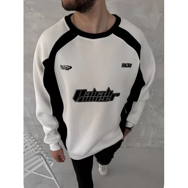 Kışlık Nakış İşlemeli Bisiklet Yaka Parçalı SweatShirt - Beyaz