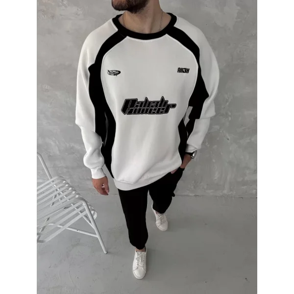 Kışlık Nakış İşlemeli Bisiklet Yaka Parçalı SweatShirt - Beyaz