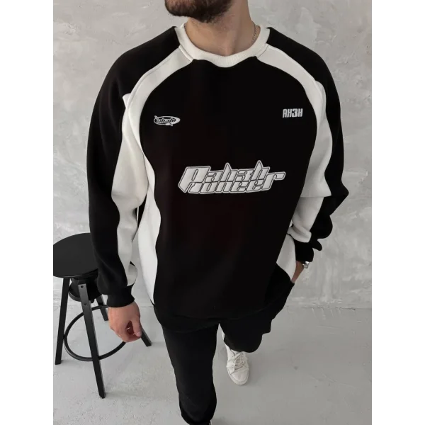 Kışlık Nakış İşlemeli Bisiklet Yaka Parçalı SweatShirt - Siyah