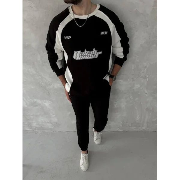 Kışlık Nakış İşlemeli Bisiklet Yaka Parçalı SweatShirt - Siyah