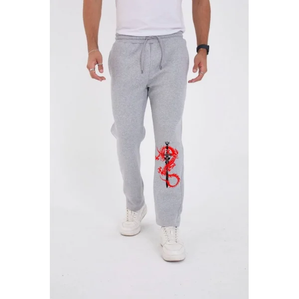 Kışlık Üç İplik Baskılı Eşofman Pantolon - Gri