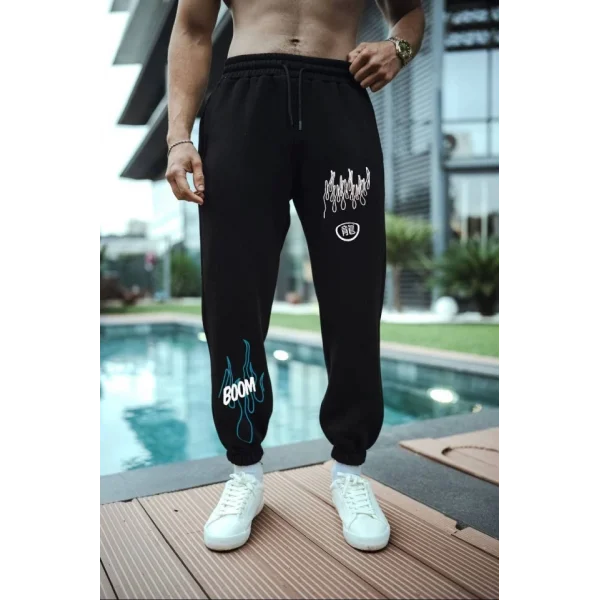 Kışlık Üç İplik Baskılı Eşofman Pantolon  iyah