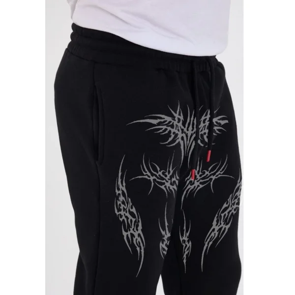 Kışlık Üç İplik Baskılı Eşofman Pantolon - Siyah