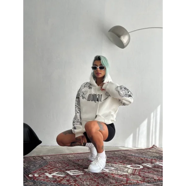 Kışlık Üç İplik Baskılı Kapşonlu weathirt  Beyaz