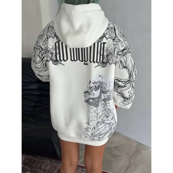 Kışlık Üç İplik Baskılı Kapşonlu weathirt  Beyaz