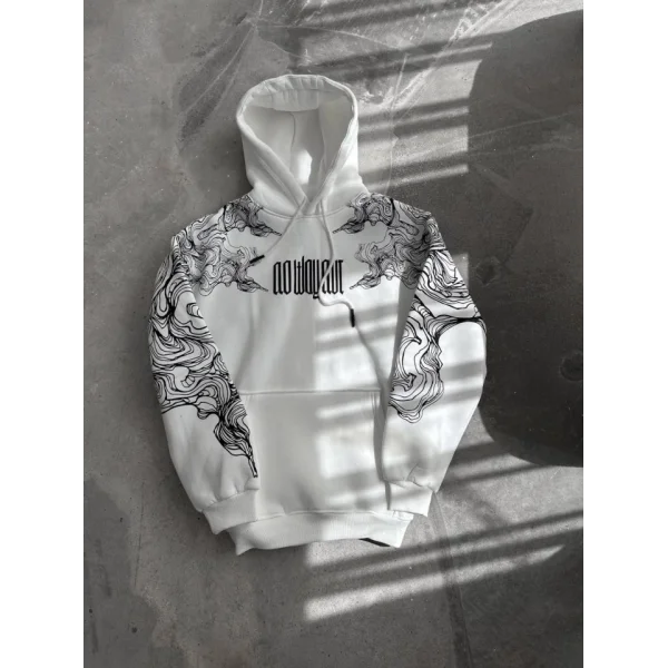 Kışlık Üç İplik Baskılı Kapşonlu weathirt  Beyaz