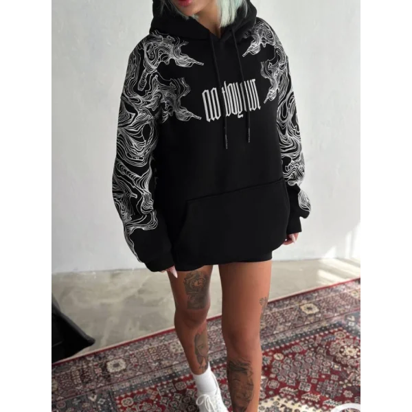 Kışlık Üç İplik Baskılı Kapşonlu weathirt  iyah