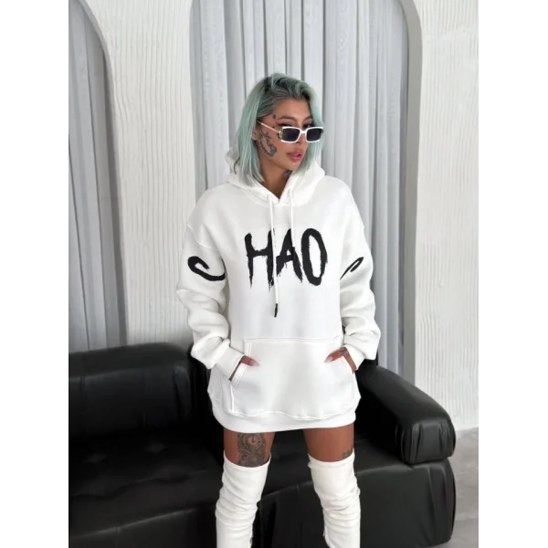 Kışlık Üç İplik Kapşonlu Baskılı weathirt  Beyaz