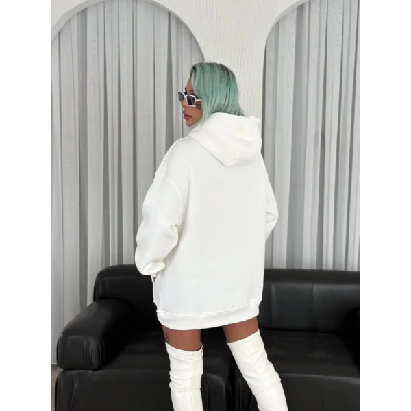 Kışlık Üç İplik Kapşonlu Baskılı weathirt  Beyaz