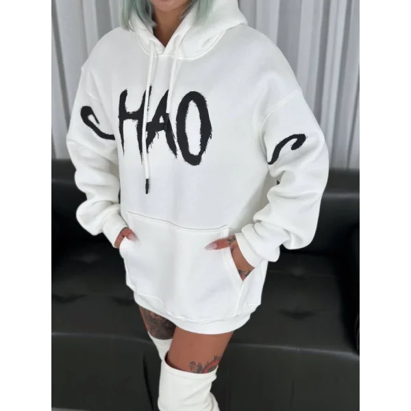 Kışlık Üç İplik Kapşonlu Baskılı weathirt  Beyaz