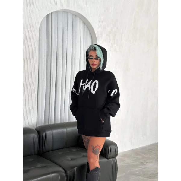 Kışlık Üç İplik Kapşonlu Baskılı weathirt  iyah