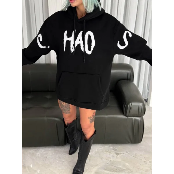 Kışlık Üç İplik Kapşonlu Baskılı weathirt  iyah